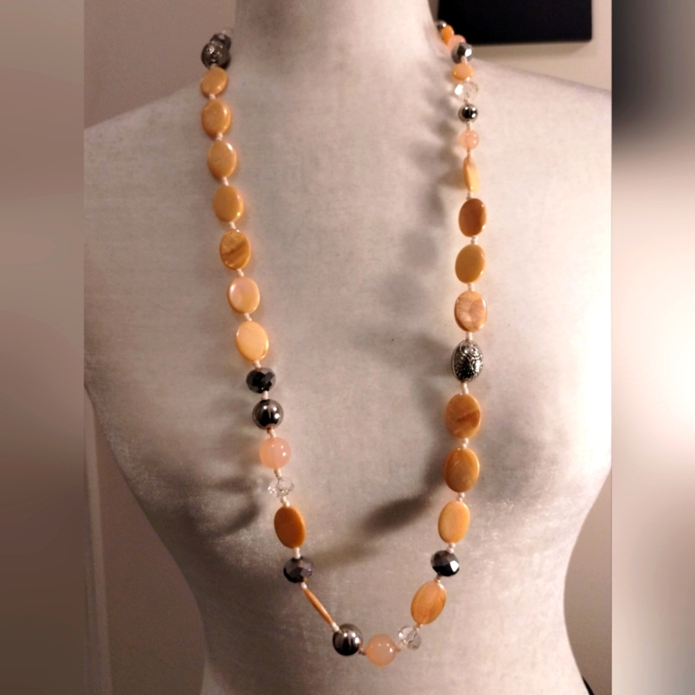 Oval Beads Peach Silver Tone Necklace